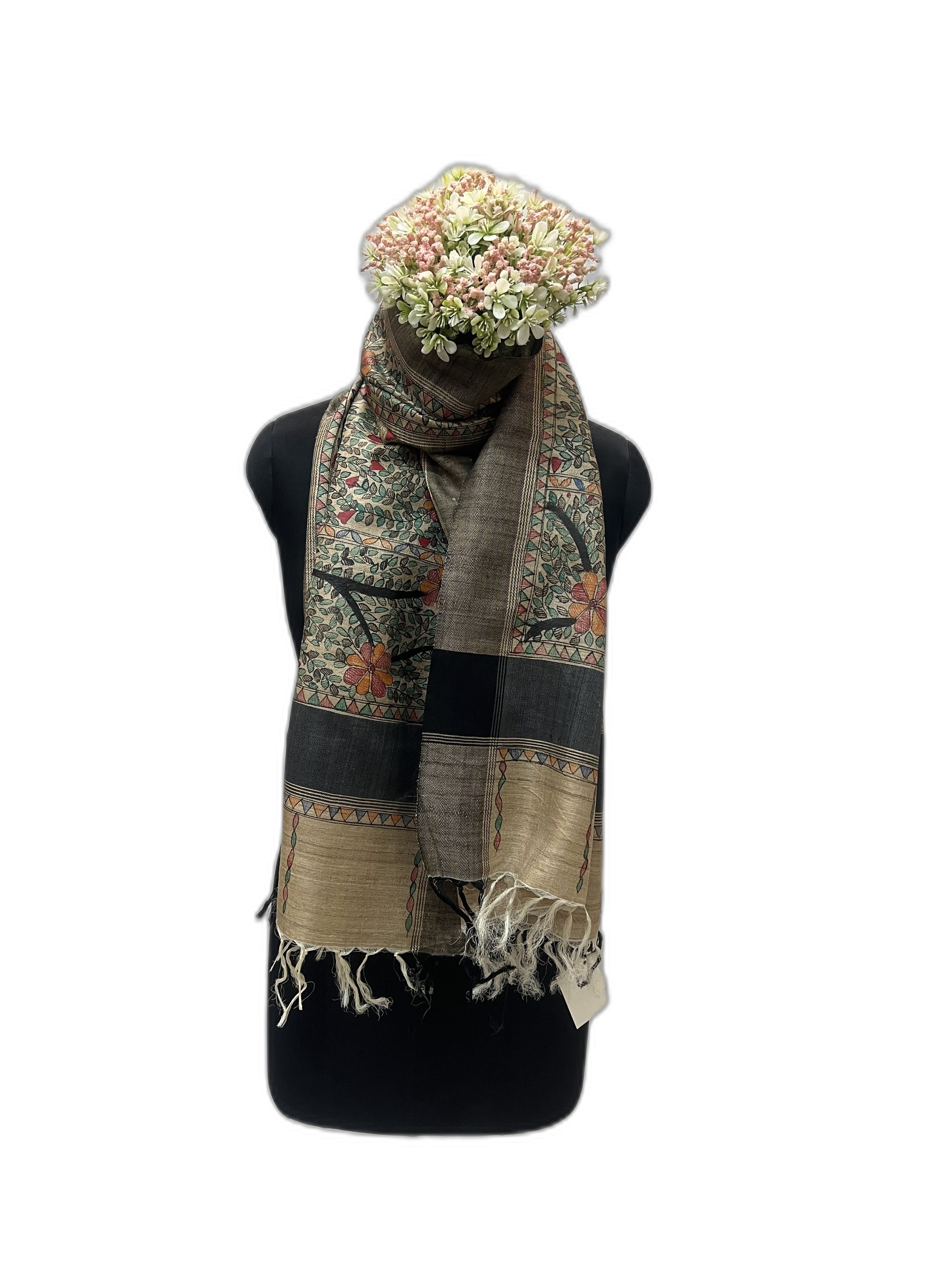 All Over Handpainted Madhubani in Tussar Pashmina Silk Stole with Black Border